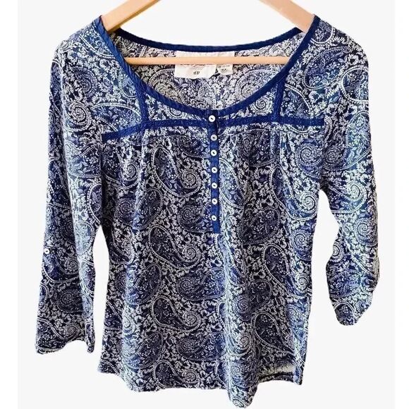 H& M Logg Roll-Up Long Sleeves Navy white Paisley Buttons  Top M #1411 - Picture 1 of 5